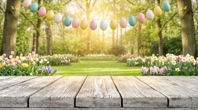 Easter Eggs Background with Spring Garden and Wooden Table