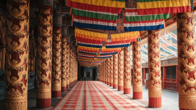 Temple interior with carved pillars and colorful flags.