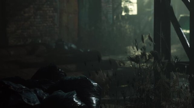 Light enters through broken windows in a derelict building. Weeds grow in the dust. The scene shows remnants of a past life, highlighting decay and neglect.