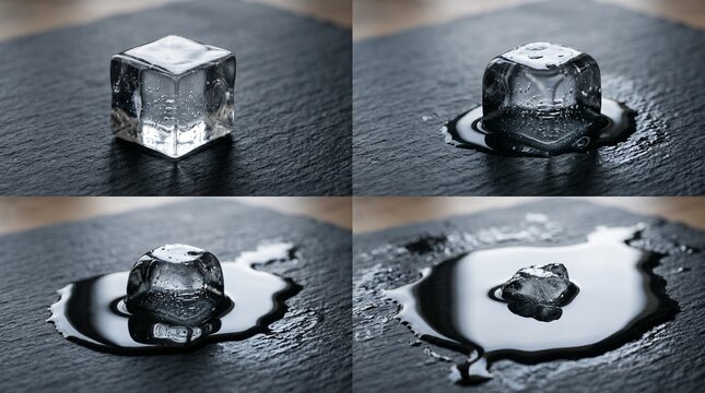 Four-stage sequence showing an ice cube melting progressively on a dark slate surface