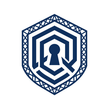 A dark blue geometric shield icon with a central keyhole shape