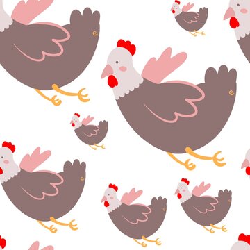 Seamless Chicken Pattern on White Background, Hand Drawn Farm Animal Raster Illustration