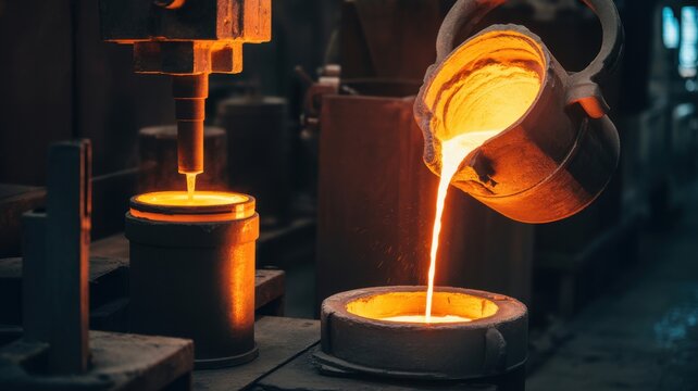Molten metal pouring into mold in industrial foundry.