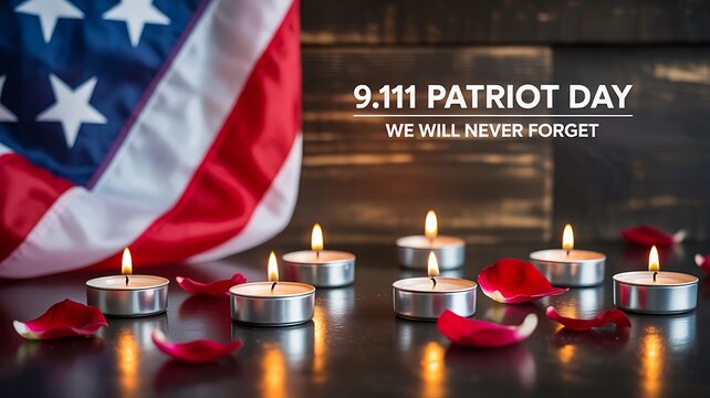 September 11 patriot day remembrance with american flag candles and red white blue tribute