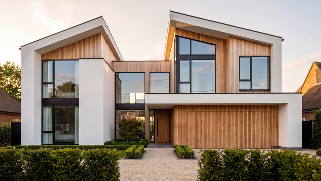 Contemporary two-story house showcases timber cladding, large glass windows, and a gravel driveway during soft evening light.