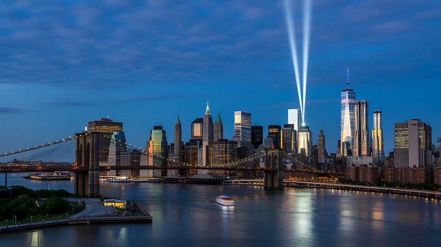 New York city skyline at night with illuminated skyscrapers river reflections and memorial lights