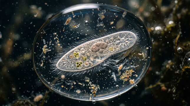 Microscopic view of a single-celled paramecium organism swimming in a water droplet