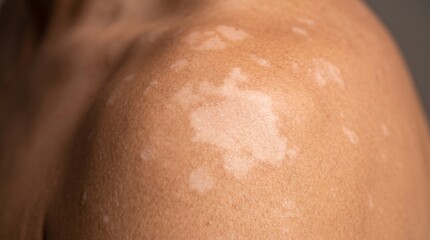 Fototapeta premium Detailed close-up view of a human shoulder and arm exhibiting noticeable white depigmentation patches on the skin, a characteristic of various dermatological conditions