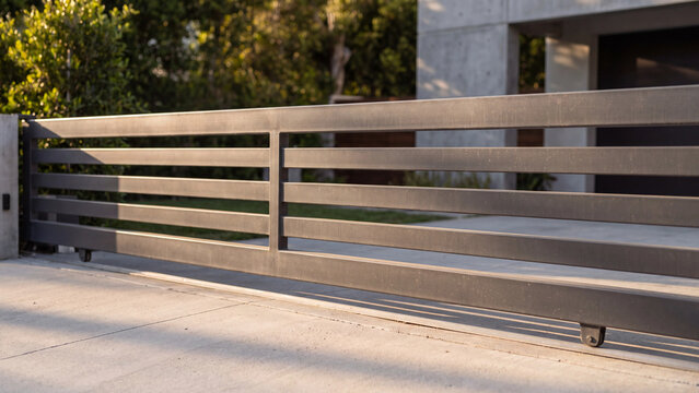 Metal sliding gate provides modern security to a contemporary residential driveway.