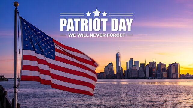 Patriot day tribute with american flag overlooking city skyline at sunset