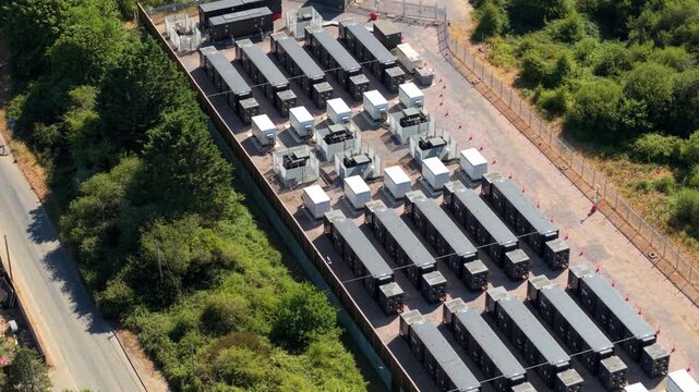 Aerial view of 400kV electrical substation and co-located battery energy storage system in Nursling UK