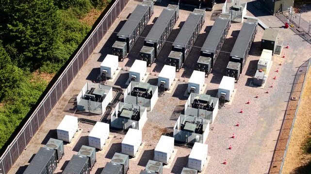 Close Up Aerial View of BESS Battery Energy Storage System with LFP Cells for Grid Resilience and Energy Security