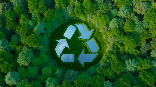 Recycling symbol surrounded by lush green forest representing environmental sustainability