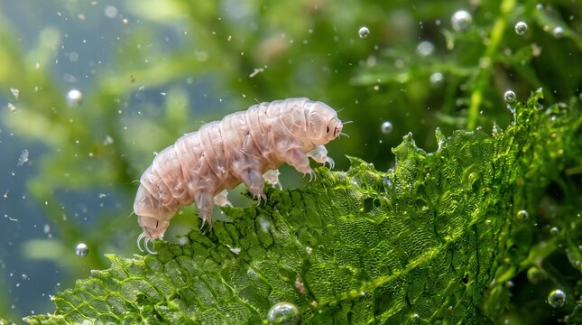 Microscopic water bear, a resilient tardigrade, traverses vibrant green aquatic moss amidst shimmering bubbles, showcasing its incredible adaptability and unique otherworldly charm