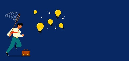 Naklejka premium Businessman chasing floating lightbulbs representing creativity ideas innovation and inspiration