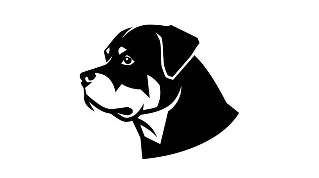 Rottweiler head portrait is depicted in a bold black and white vector graphic style on a white background.