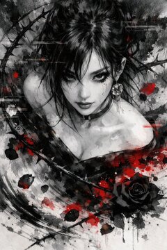 黒薔薇と血の飛沫を纏う和モダン女性