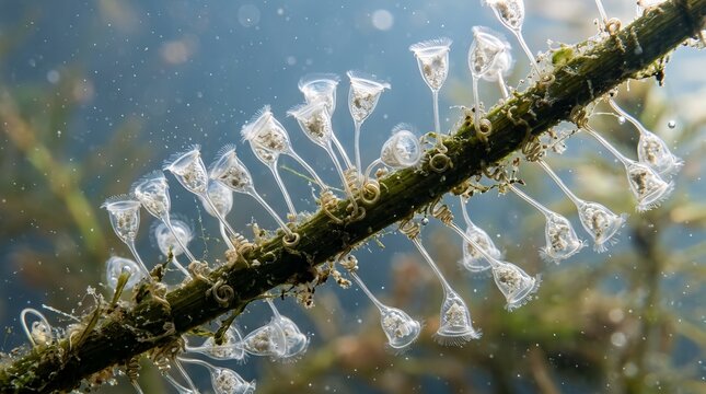 Colonies of microscopic Vorticella stalked ciliate protists attached to an aquatic plant stem underwater
