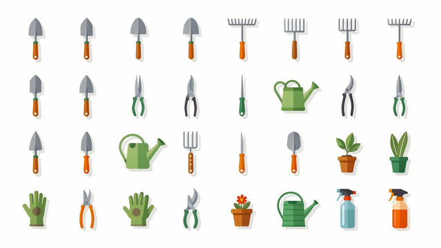 Gardening tools and equipment icon collection on white background. Flat illustration set featuring trowels, shears, and watering cans. Horticulture theme ideal for landscaping marketing.