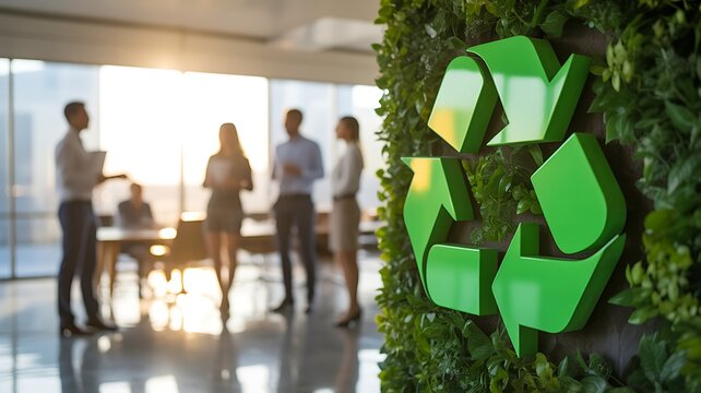  Modern office with green recycling symbol promoting environmental sustainability