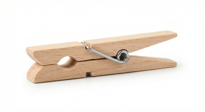 Wooden clothespin with metal spring, isolated on transparent background
