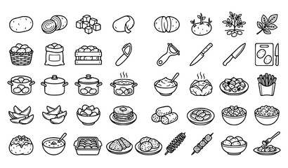 Fototapeta premium Potato Food and Kitchen Line Icons Set – Fresh Produce, Cooking and Potato Dishes