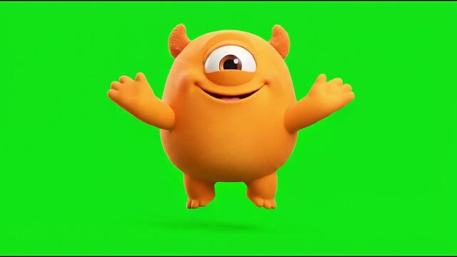 Cute orange one eyed 3d animated monster clapping happy on green screen chroma key background.