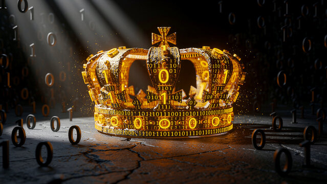 Golden digital crown with glowing binary code sits on a cracked floor. Binary digits float in dark space with dramatic light rays. Technology theme for cybersecurity, blockchain, and AI authority.