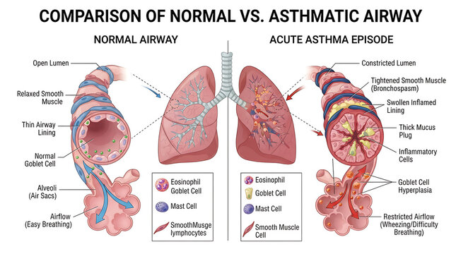 Medical illustration comparing a healthy human airway with an inflamed airway during an acute asthma attack showing bronchial constriction
