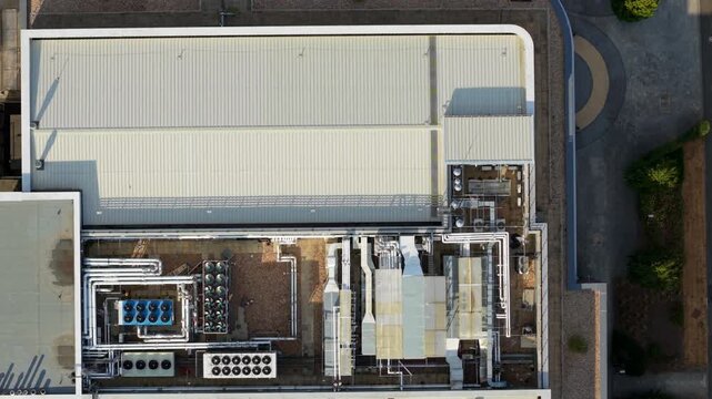 Top Down Aerial View of HVAC Ventilation and Rooftop Cooling Units at Science Park in Oxfordshire