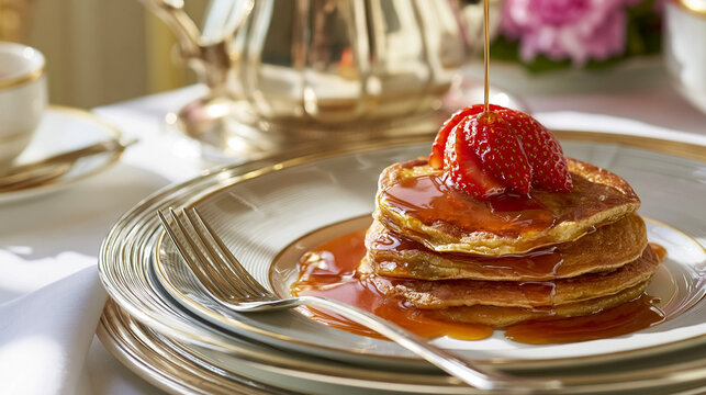 Stack of fluffy pancakes topped with a fresh strawberry, golden syrup pouring over, served on fine china for an elegant breakfast