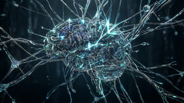 Cybernetic brain network technology showing metallic dendrites and glowing synapses in a dark abstract digital environment for science concepts