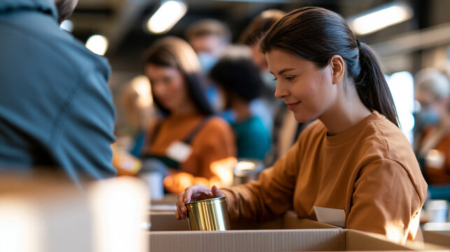 rear view of an international group of young volunteers sorting donated food items at a bright charity donation center, backs to camera, community support concept, teamwork,
