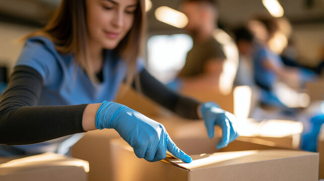 rear view of a group of young people wearing gloves packing donation boxes in a bright charity center, backs to camera, preparing humanitarian aid concept, community support,