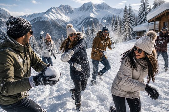 Group of diverse friends enjoying snowball fight in winter mountain resort with scenic alpine backdrop