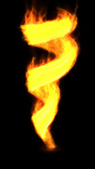 Fototapeta premium Bright yellow and orange fire flame shaped like a twisting tornado vortex burning intensely on a solid black background