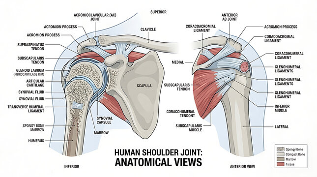 Detailed anatomical diagram of the human shoulder joint showing bones, tendons, and ligaments