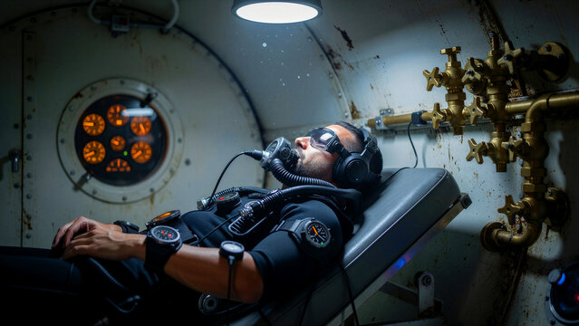 Man wearing breathing mask and headphones lies inside a hyperbaric chamber. Professional diver undergoes oxygen therapy in a medical facility. Decompression and health research concept.