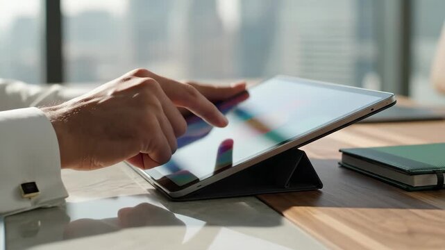Saudi National Day Saudi Business Professional Using Tablet in Modern Riyadh Office, Real Digital Technology Lifestyle Scene for Telecom Corporate Advertising