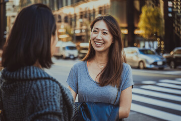 Fototapeta premium Beautiful middle-aged women bonding outdoors and having fun - Two female japanese friends meeting in Tokyo
