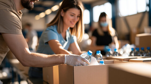 rear view of volunteers packing food and water into donation boxes in a bright warehouse, backs to camera, humanitarian aid relief concept, charity, community support, teamwork,