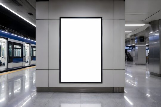 Blank vertical advertising display inside modern subway station beside an urban commuter train
