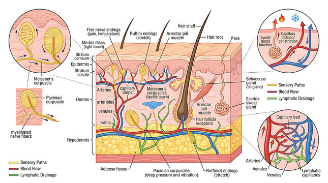 Detailed Anatomical Diagram of Human Skin Layers showing Sensory Receptors, Blood Vessels, and Glandular Structures