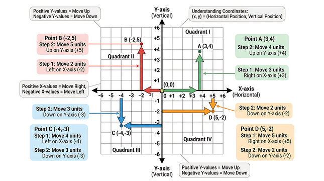 Educational diagram of the Cartesian coordinate system illustrating X and Y axes with plotted points and movement guides