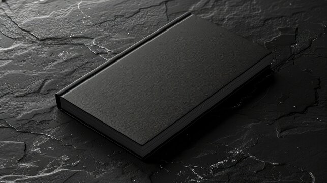 The image features a sleek, rectangular black wallet placed on a textured dark surface with visible cracks and roughness