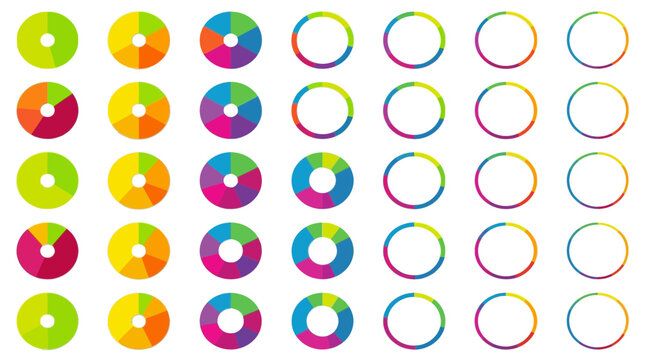 Colorful circular data charts and ring diagrams arranged in a clean organized grid for business reports