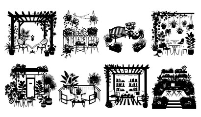 Fototapeta premium Botanical Outdoor Café Terrace Balcony Pergola and Patio Vector Illustration Collection