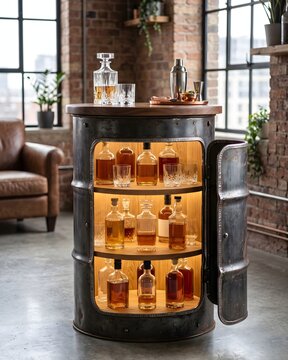 Luxury industrial steel barrel home bar cabinet with LED lighting.