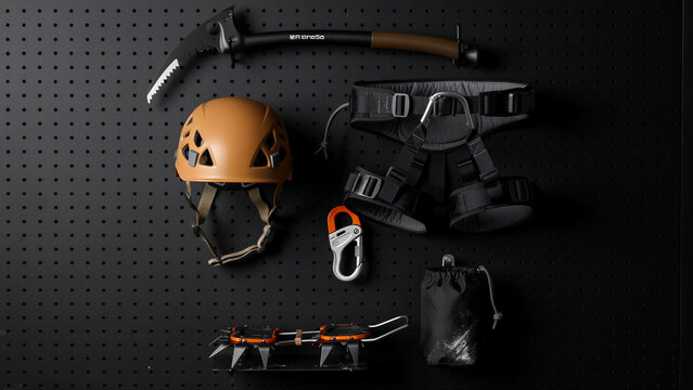 Climbing gear organized on a black pegboard. Features helmet, harness, ice axe, crampons, and carabiner for alpine sports. Safety equipment concept for adventure sports marketing.