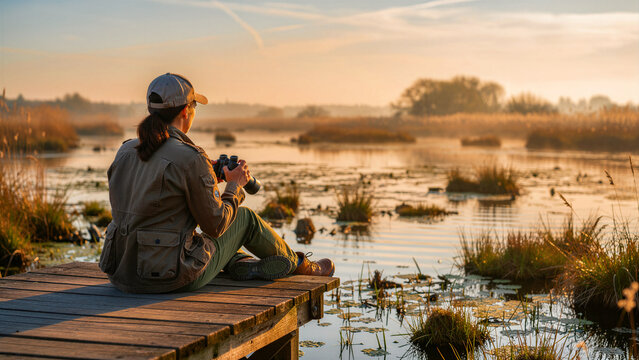Woman sitting on a wooden pier with binoculars overlooking a marsh at sunrise. Female birdwatcher observing wildlife in a peaceful wetland environment. Ideal for outdoor leisure and nature marketing.